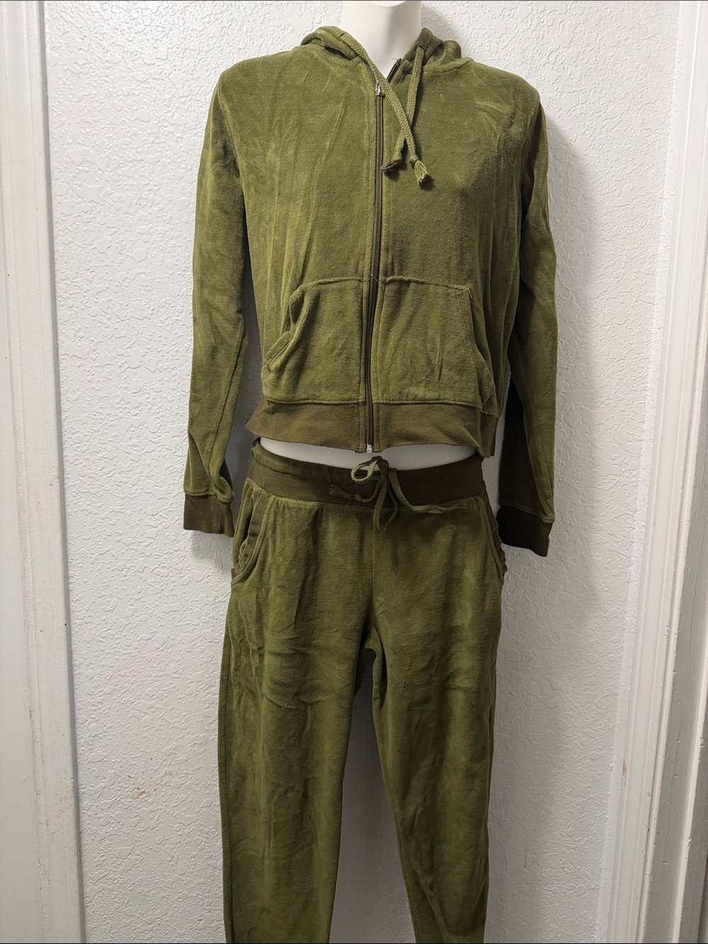 Fashion Nova Olive Green Velour Zip Hoodie & Joggers Set